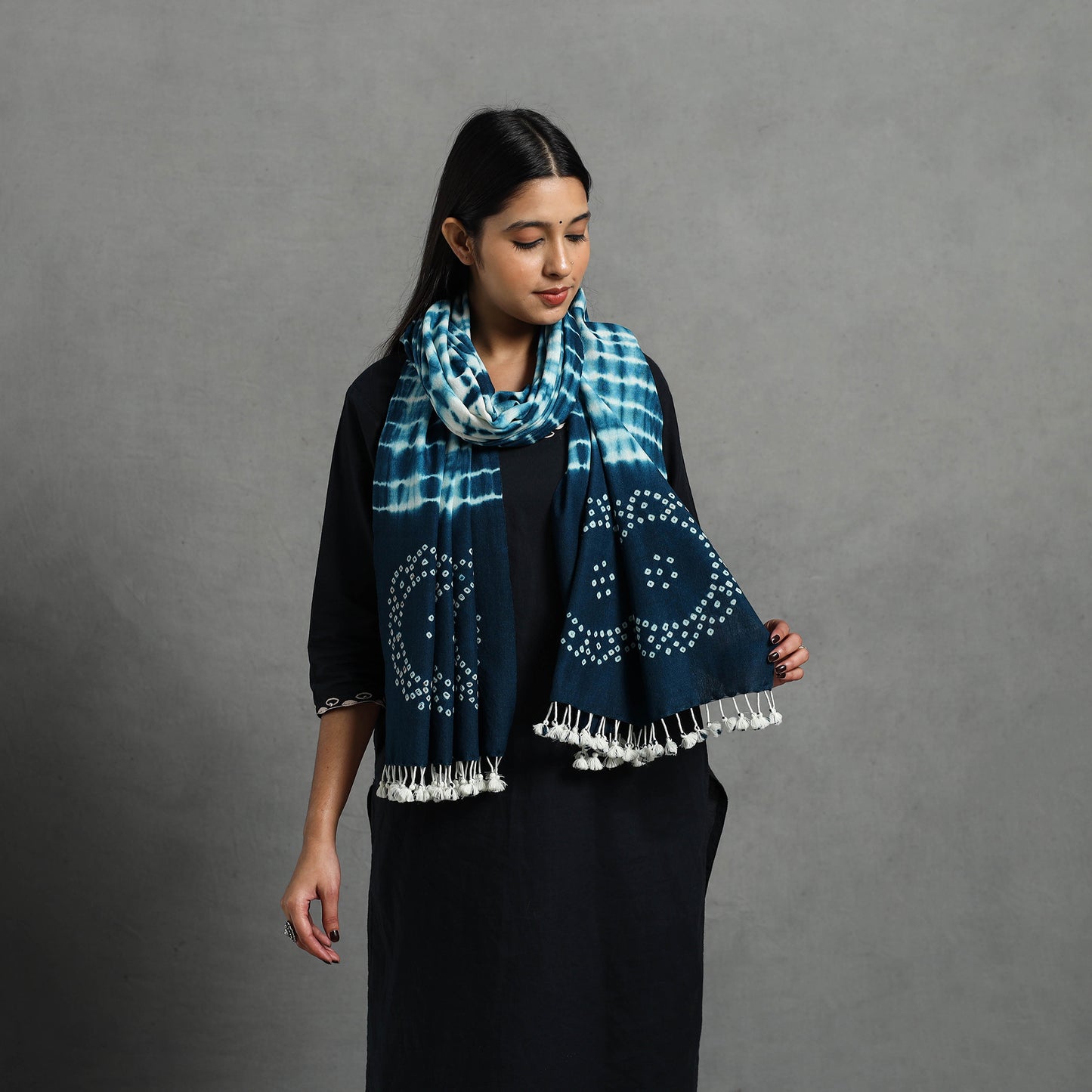 Blue - Kutch Handwoven Merino Wool Shibori & Bandhani Stole 10