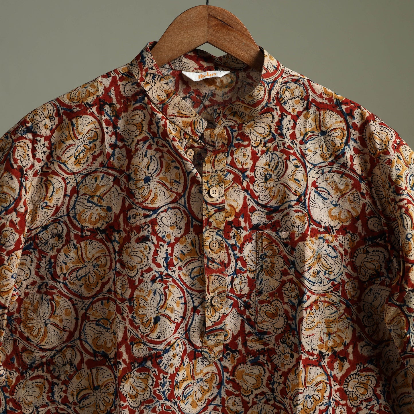 Hand Block Print Natural Dyed Cotton Short Kalamkari Kurta for Men 09