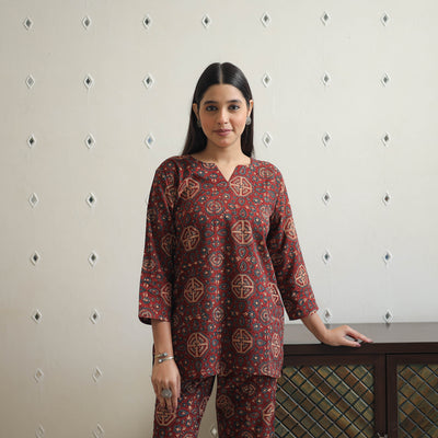 Red - Block Printed Cotton Ajrakh Co-ord Set 01