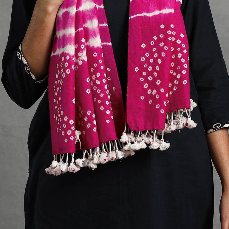 Pink - Kutch Handwoven Merino Wool Shibori & Bandhani Stole 11