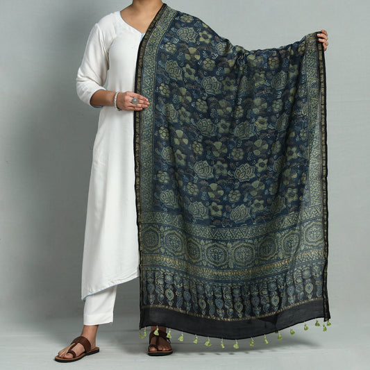 Blue - Ajrakh Hand Block Printed Chanderi Silk Handloom Dupatta with Tassels