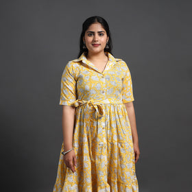 Buy Yellow Tiered Cotton Block Print Sanganeri Dress