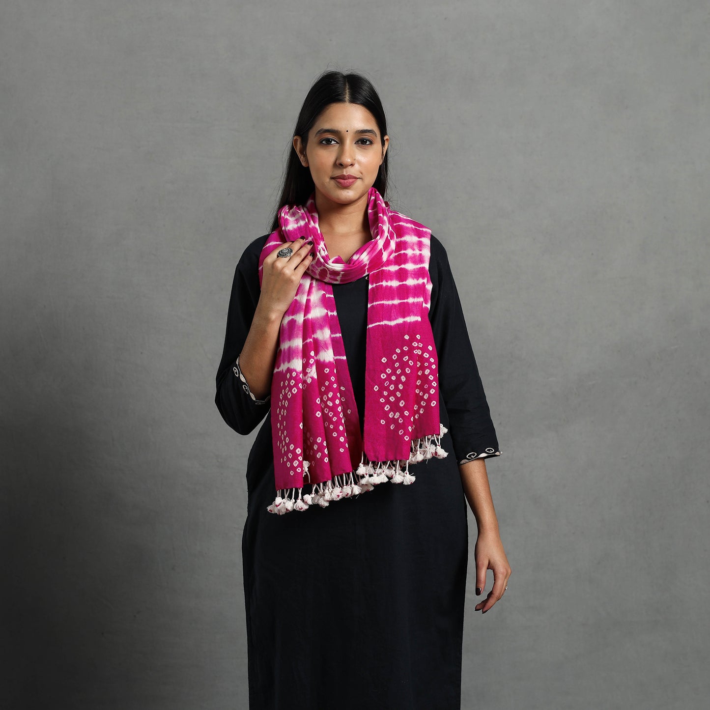 Pink - Kutch Handwoven Merino Wool Shibori & Bandhani Stole 11