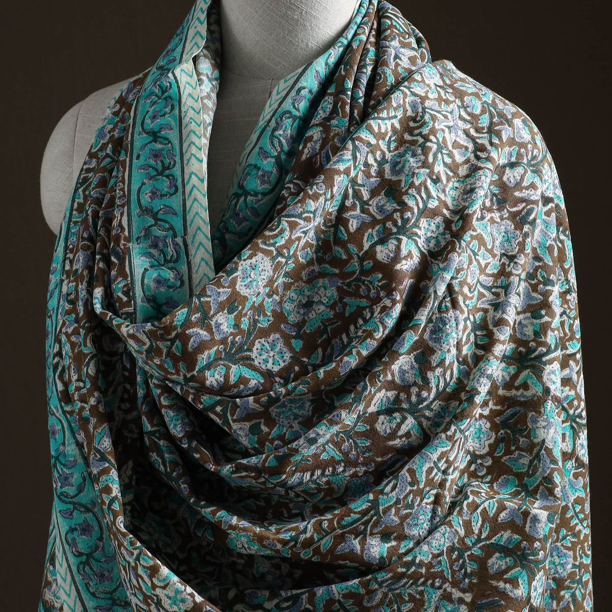 Floral Sanganeri Print Pure Merino Wool Handwoven Shawl 63