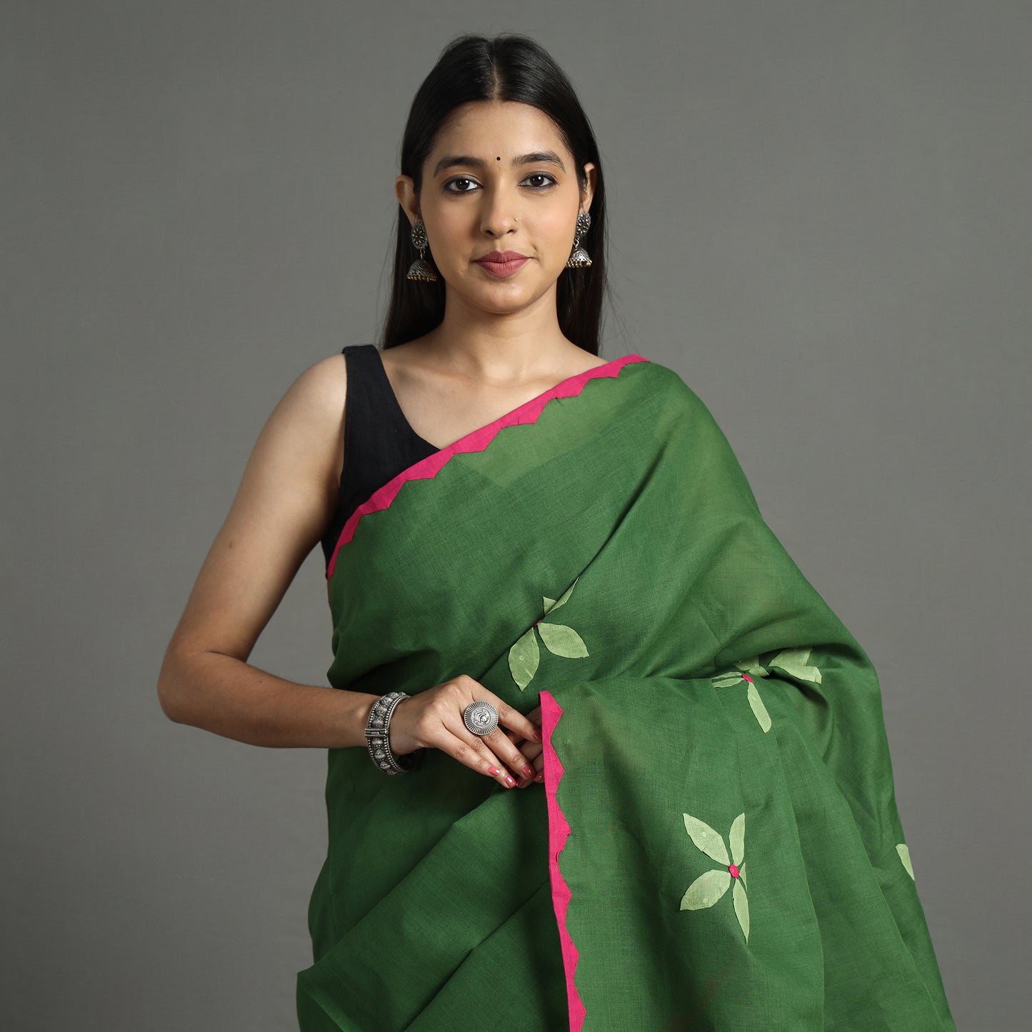 Green - Applique Patti Kaam Pure Cotton Saree from Rampur 02