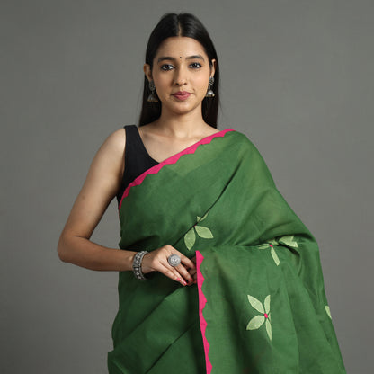 Green - Applique Patti Kaam Pure Cotton Saree from Rampur 02