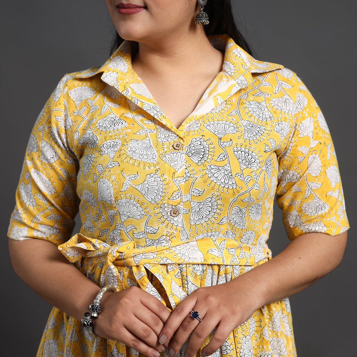 Buy Yellow Tiered Cotton Block Print Sanganeri Dress