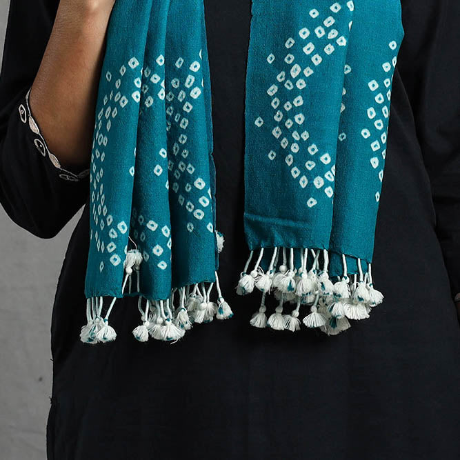 Blue - Kutch Handwoven Merino Wool Shibori & Bandhani Stole 12