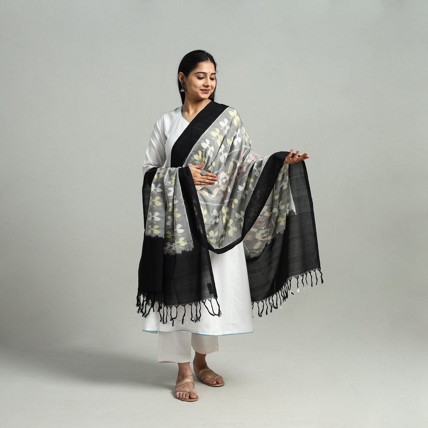 Grey - Handloom Cotton Pochampally Ikat Dupatta 09