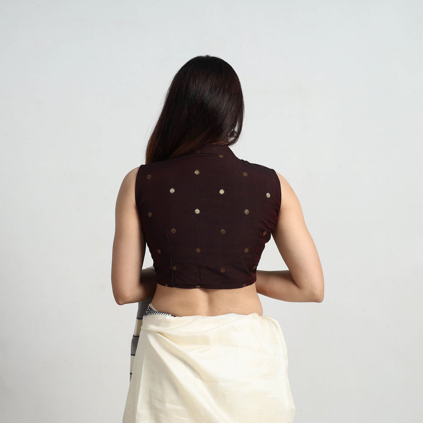 Brown - Polka Dot Zari Buti Silk Stitched Plain Blouse 05