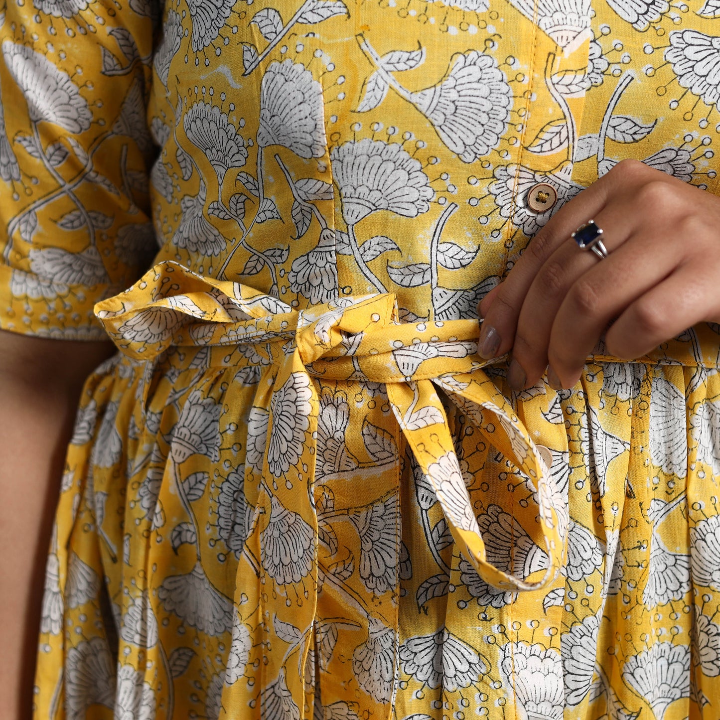 Buy Yellow Tiered Cotton Block Print Sanganeri Dress