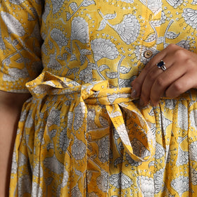 Buy Yellow Tiered Cotton Block Print Sanganeri Dress