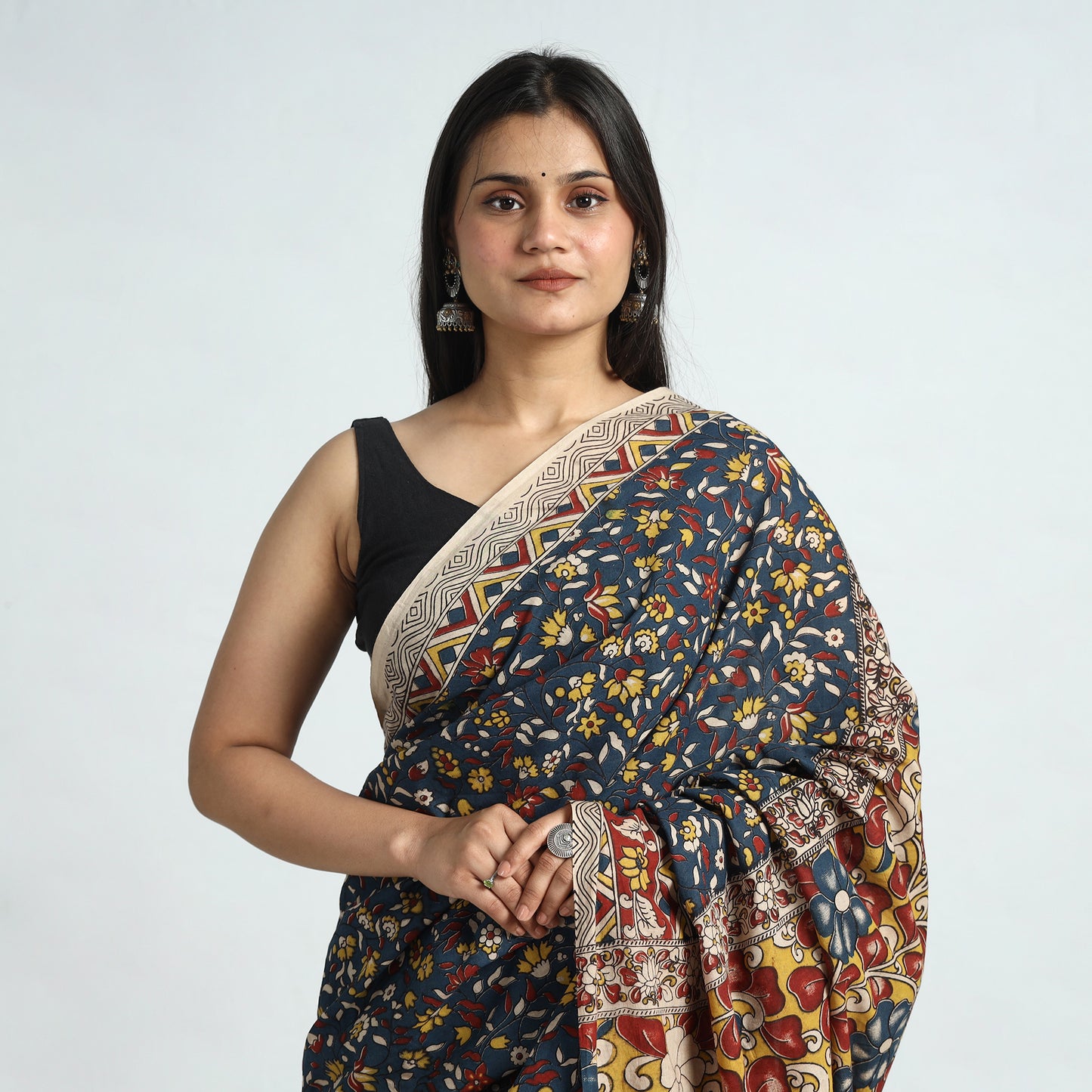 Blue - Kalamkari Printed Cotton Saree with Blouse Piece 14