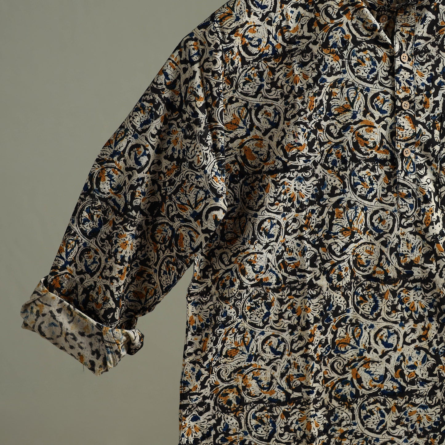 Hand Block Print Natural Dyed Cotton Short Kalamkari Kurta for Men 07