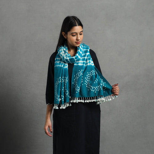 Blue - Kutch Handwoven Merino Wool Shibori & Bandhani Stole 12