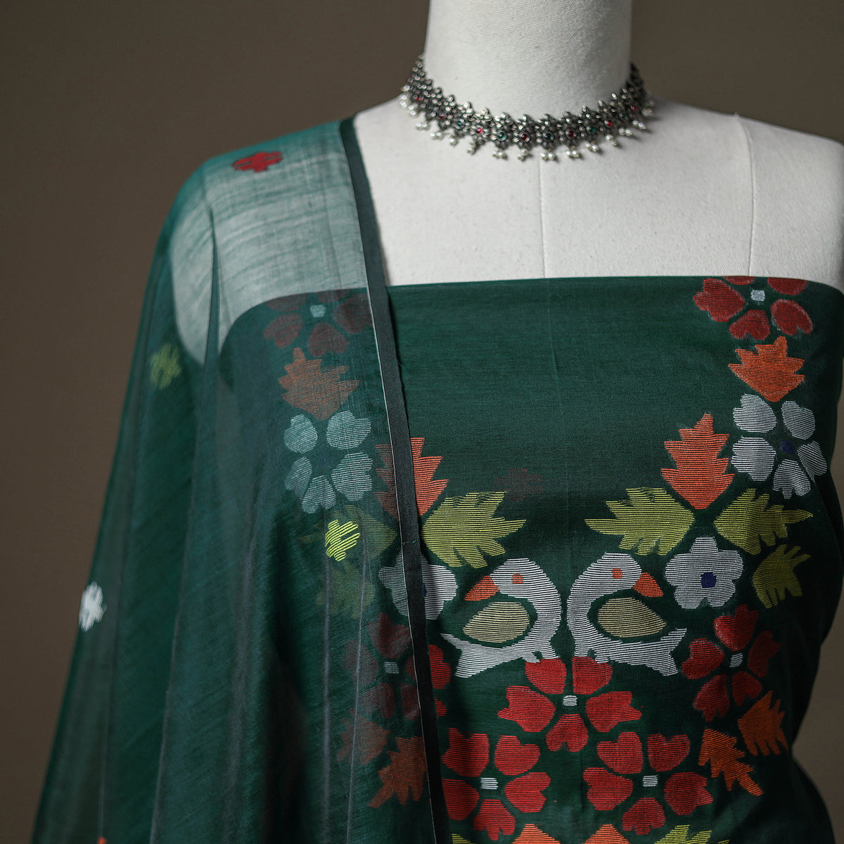 Green - jamdani pure handloom muslin unstitched dress