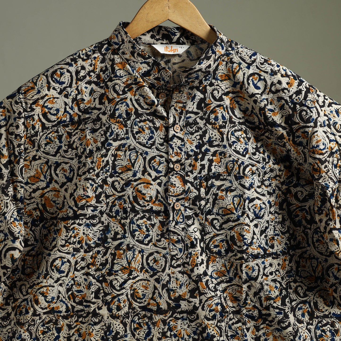 Hand Block Print Natural Dyed Cotton Short Kalamkari Kurta for Men 07