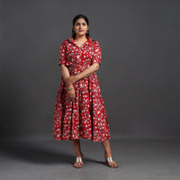 Red - Tiered Cotton Block Print Sanganeri Dress 06