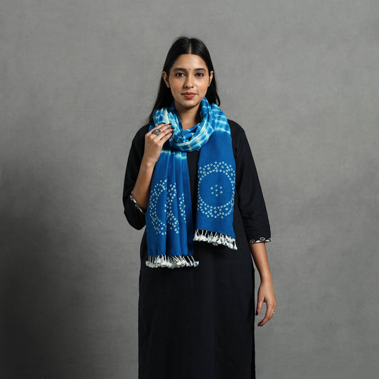 Blue - Kutch Handwoven Merino Wool Shibori & Bandhani Stole 13