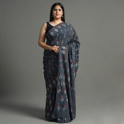 Grey - Nandana Dabu Block Printed Mul Cotton Saree 25