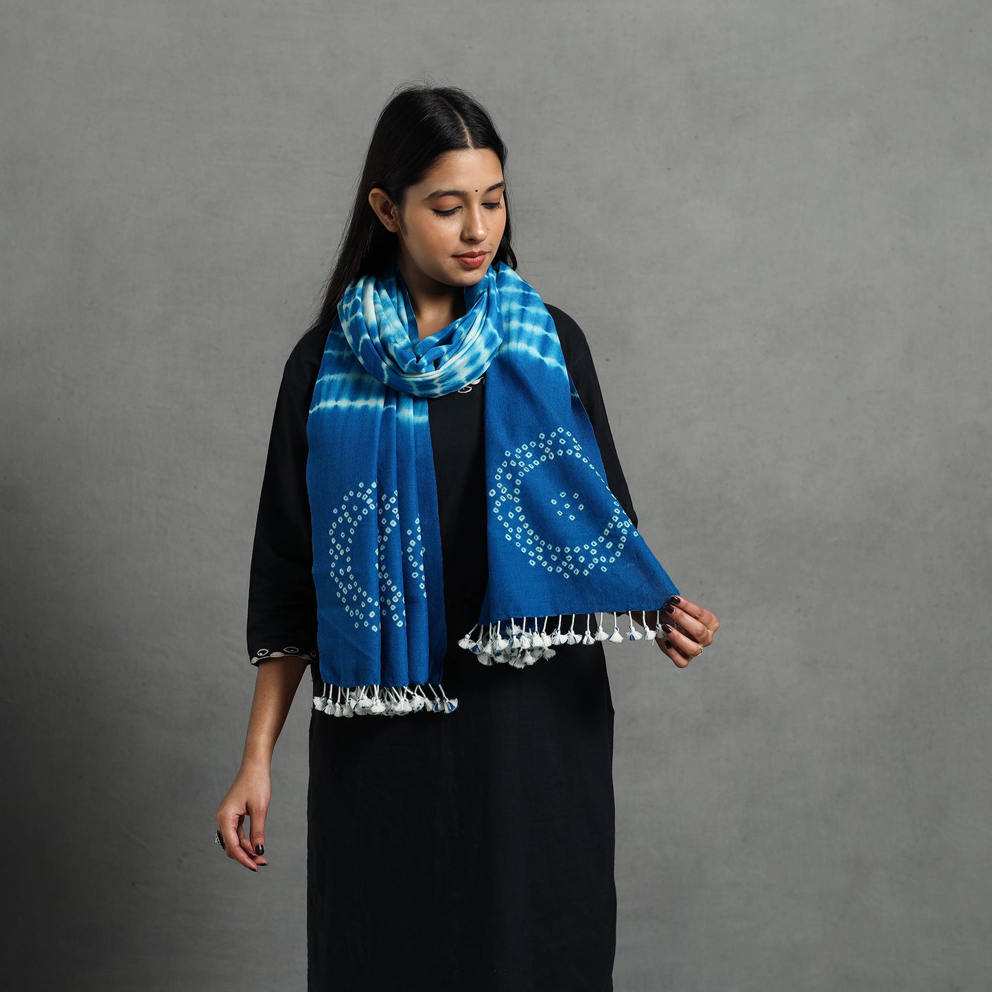 Blue - Kutch Handwoven Merino Wool Shibori & Bandhani Stole 13