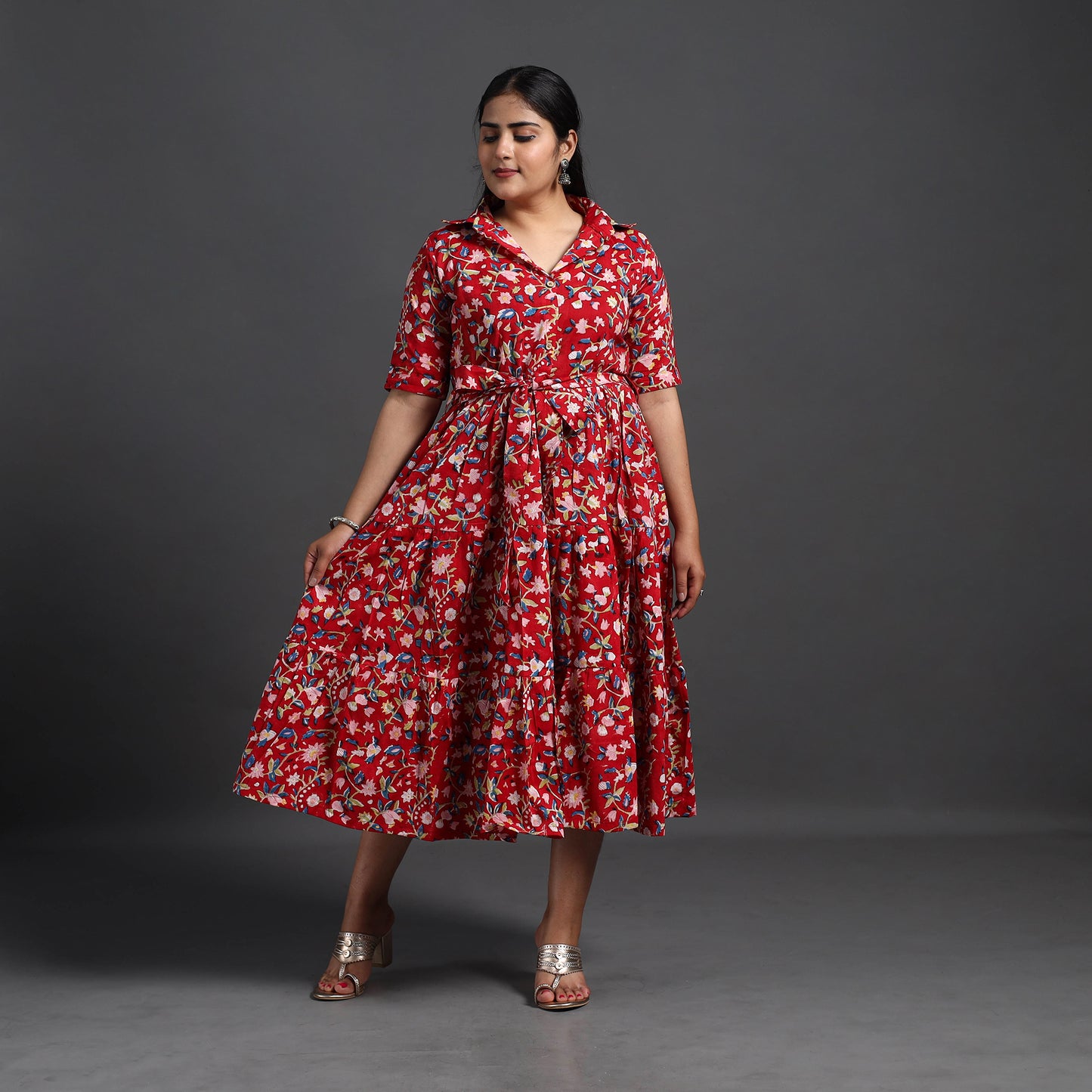 Red - Tiered Cotton Block Print Sanganeri Dress 06