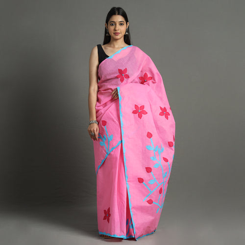 Pink - Applique Patti Kaam Pure Cotton Saree from Rampur 01