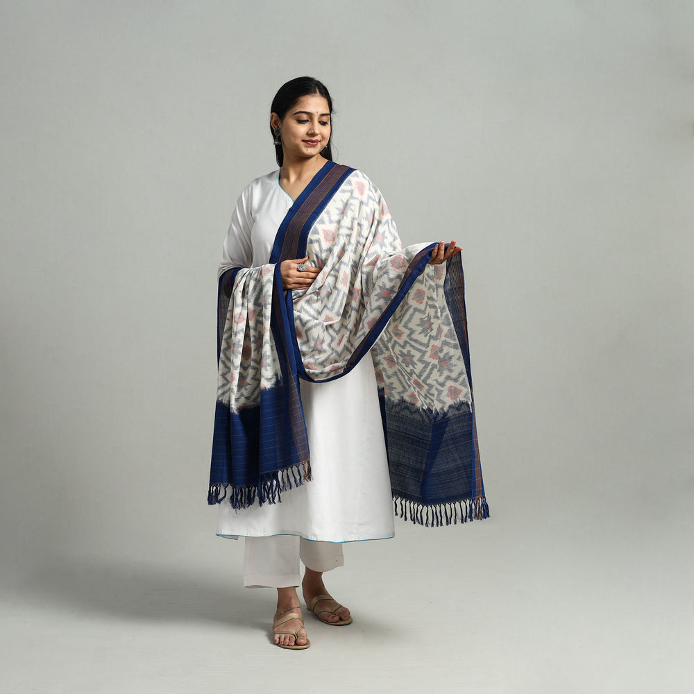 White - Handloom Cotton Pochampally Ikat Dupatta 10