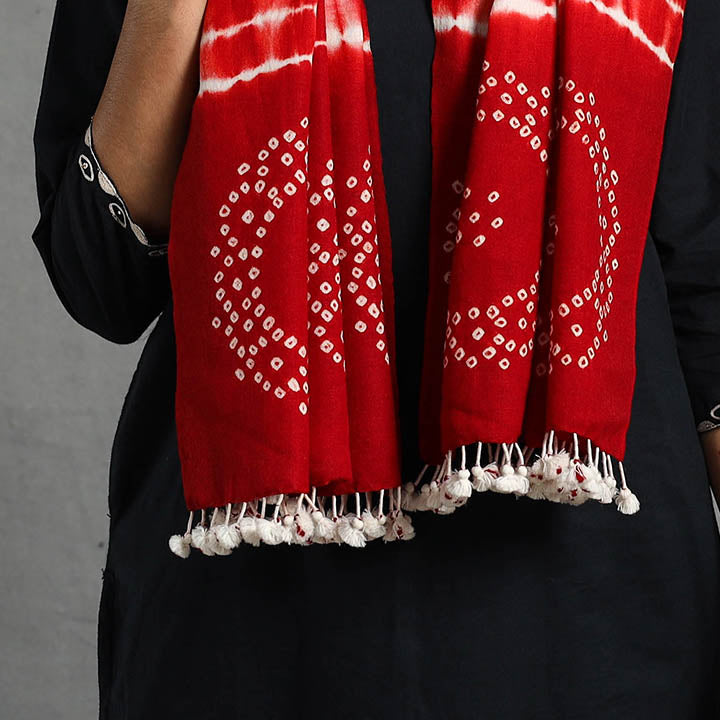 Red - Kutch Handwoven Merino Wool Shibori & Bandhani Stole 14