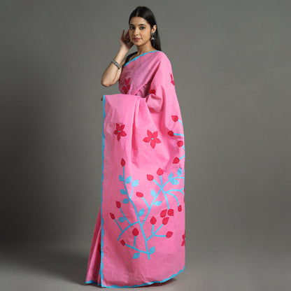 Pink - Applique Patti Kaam Pure Cotton Saree from Rampur 01