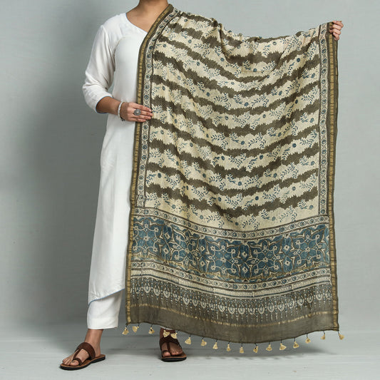 Beige - Ajrakh Hand Block Printed Chanderi Silk Handloom Dupatta with Tassels