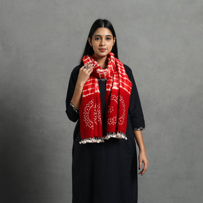 Red - Kutch Handwoven Merino Wool Shibori & Bandhani Stole 14