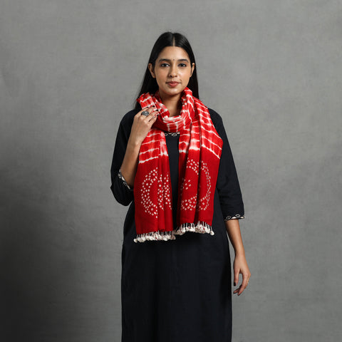 Red - Kutch Handwoven Merino Wool Shibori & Bandhani Stole 14