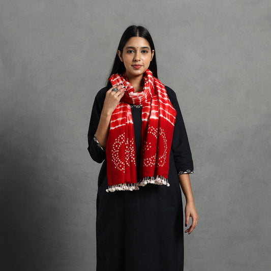 Red - Kutch Handwoven Merino Wool Shibori & Bandhani Stole 14