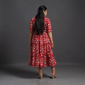 Buy Red Tiered Cotton Block Print Sanganeri Dress