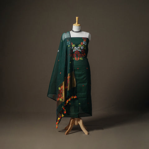 Green - Jamdani Pure Handloom Muslin Unstitched Dress Material: Kurta with Dupatta 10