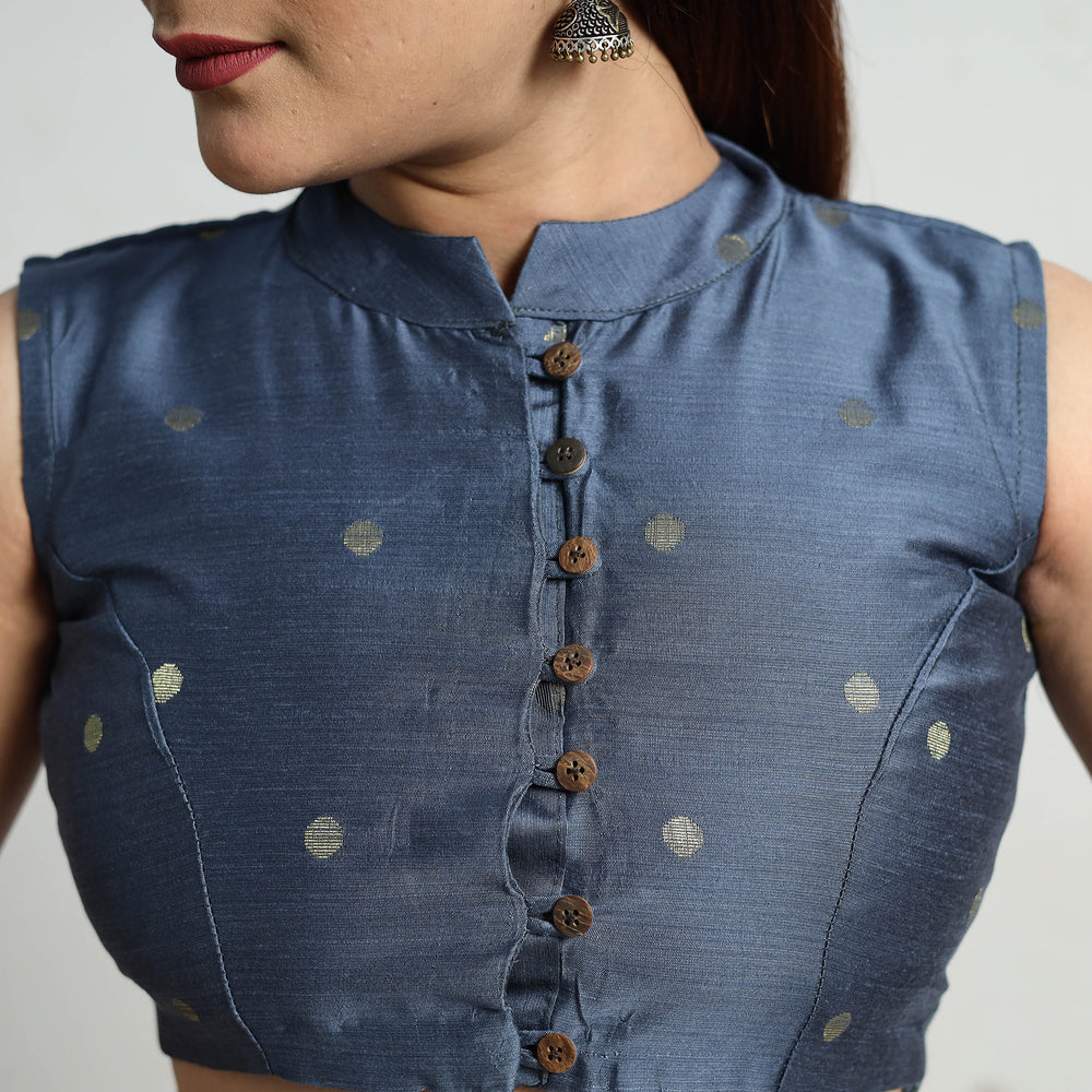 Blue - Polka Dot Zari Buti Silk Stitched Plain Blouse 04