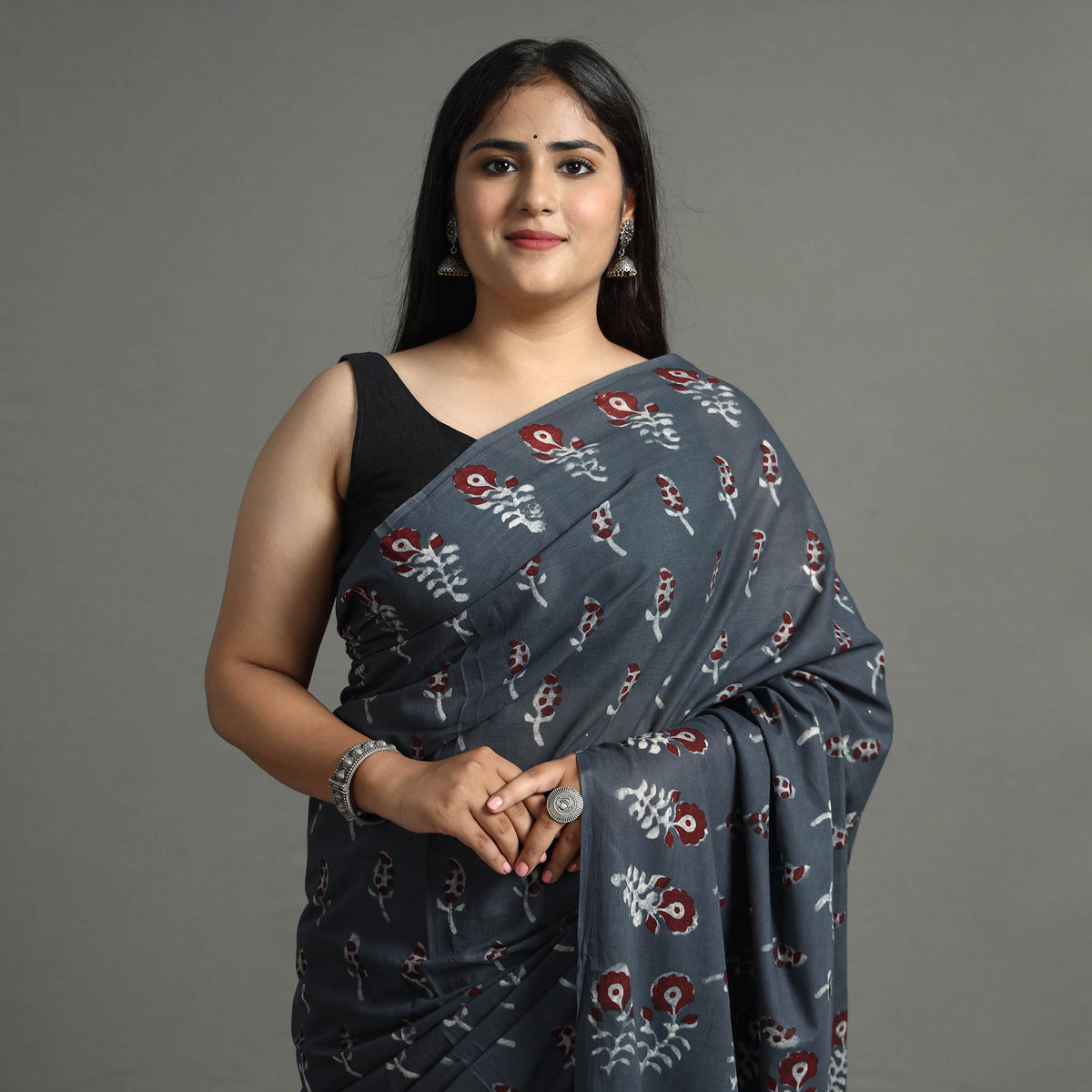 Grey - Nandana Dabu Block Printed Mul Cotton Saree 25