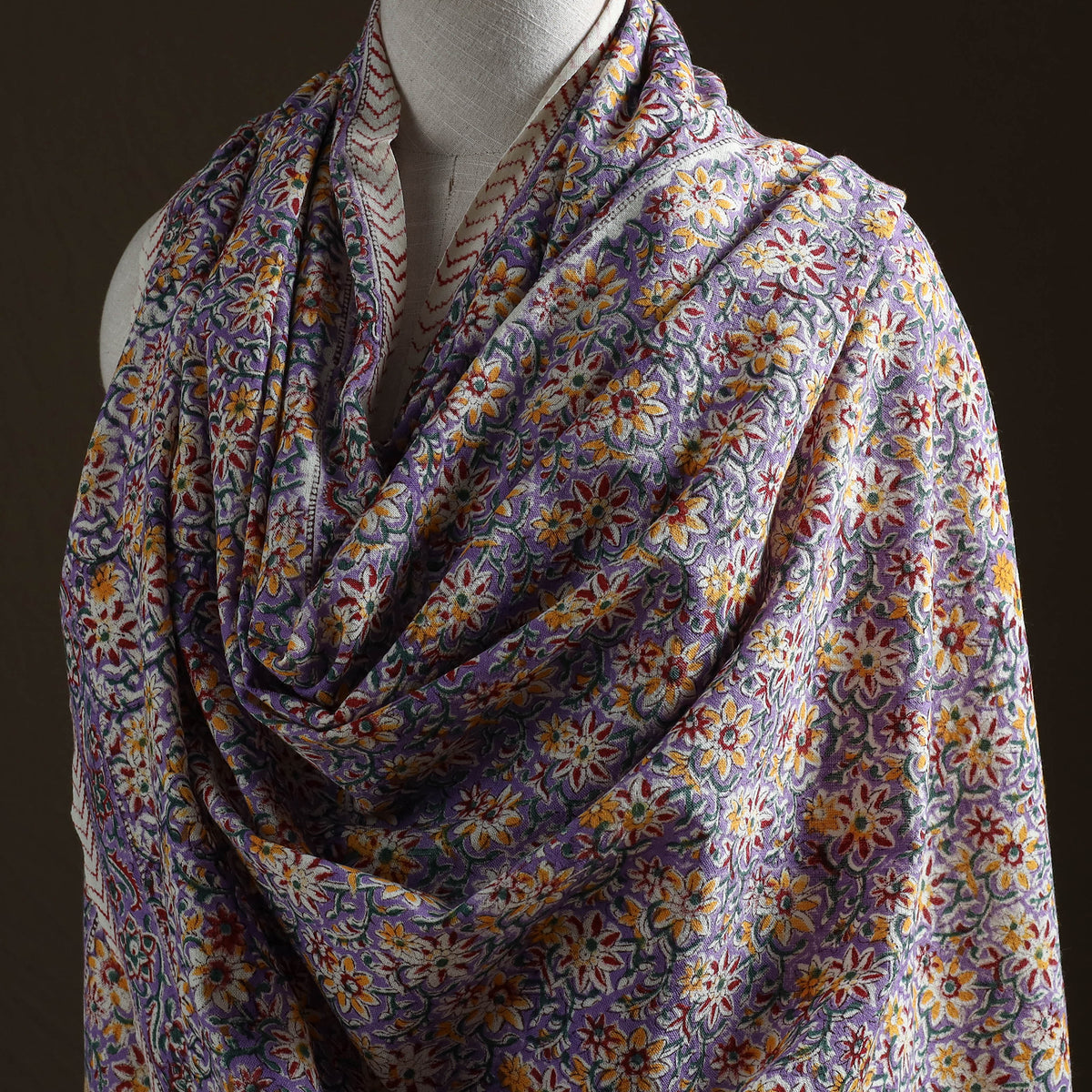 Floral Sanganeri Print Pure Merino Wool Handwoven Shawl 64