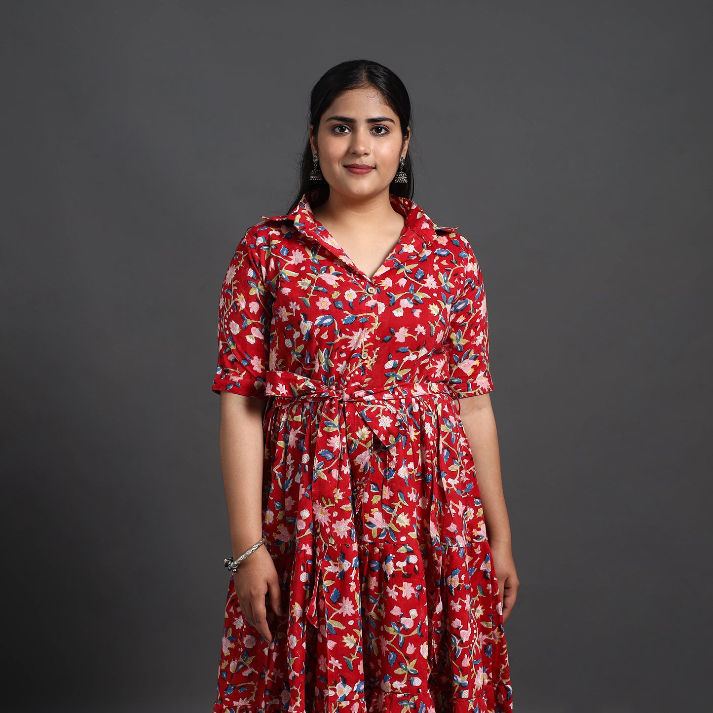 Red - Tiered Cotton Block Print Sanganeri Dress 06