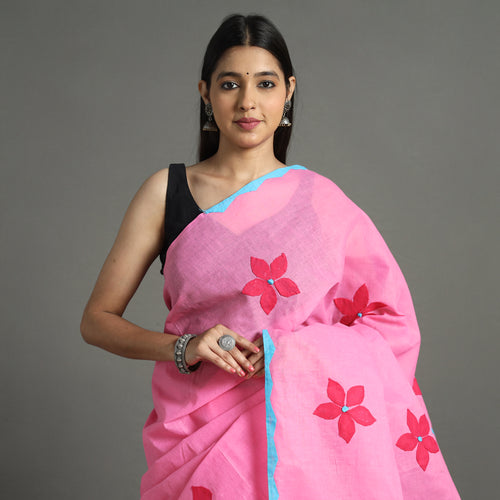 Pink - Applique Patti Kaam Pure Cotton Saree from Rampur 01