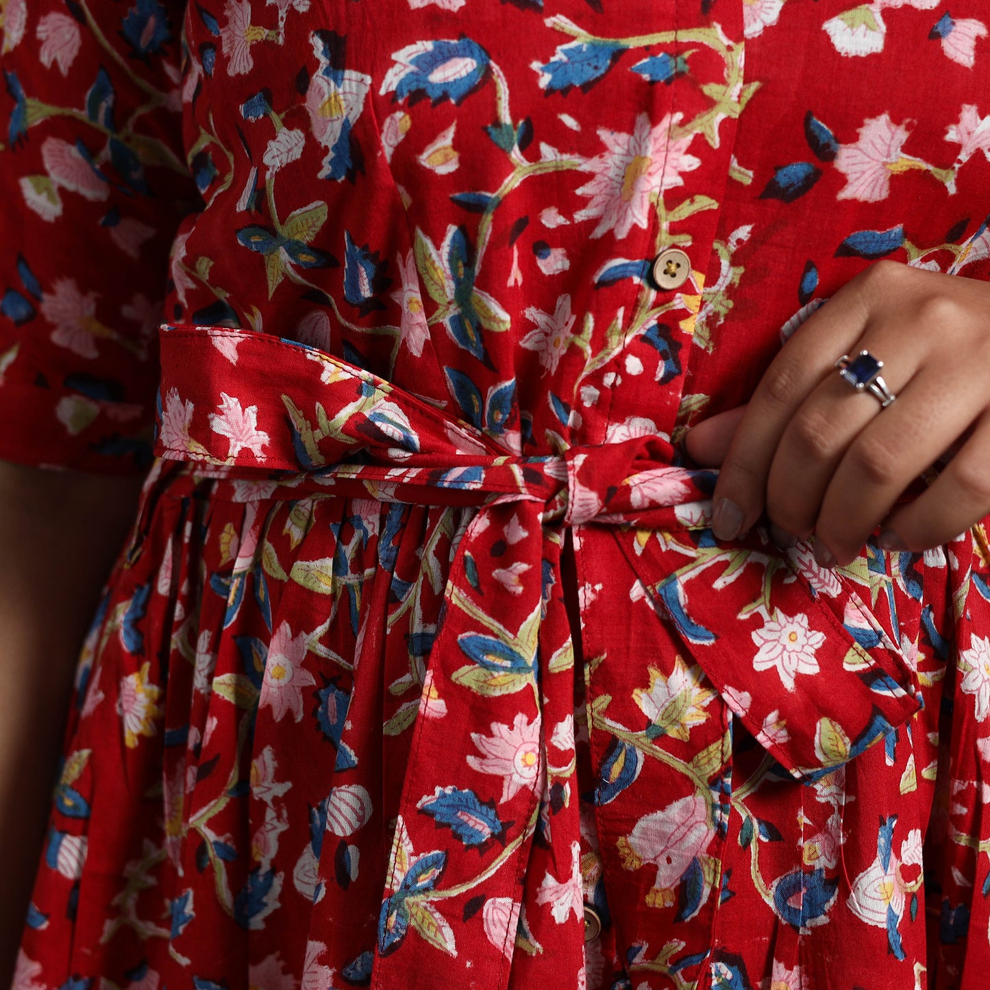 Red - Tiered Cotton Block Print Sanganeri Dress 06