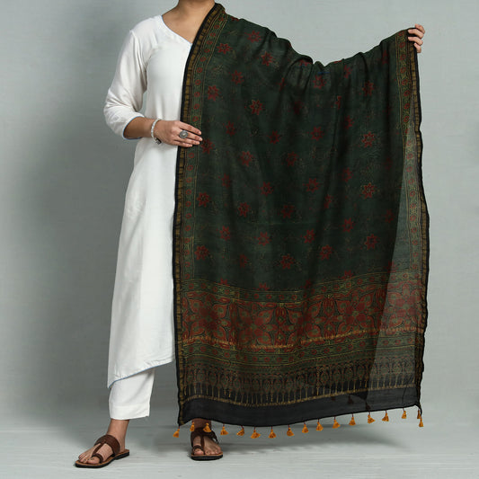 Green - Ajrakh Hand Block Printed Chanderi Silk Handloom Dupatta with Tassels