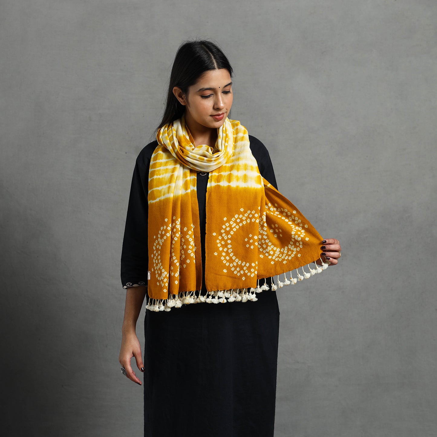 Orange - Kutch Handwoven Merino Wool Shibori & Bandhani Stole 15