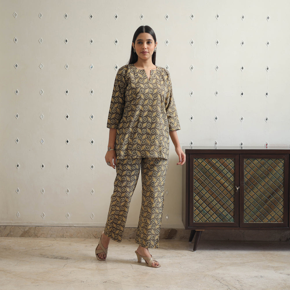 Brown - Block Printed Cotton Ajrakh Co-ord Set 12