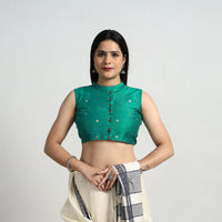 Green - Polka Dot Zari Buti Silk Stitched Plain Blouse 16