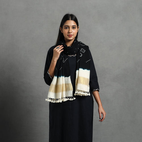 Black - Kutch Handwoven Merino Wool Bandhani Stole with Zari 16