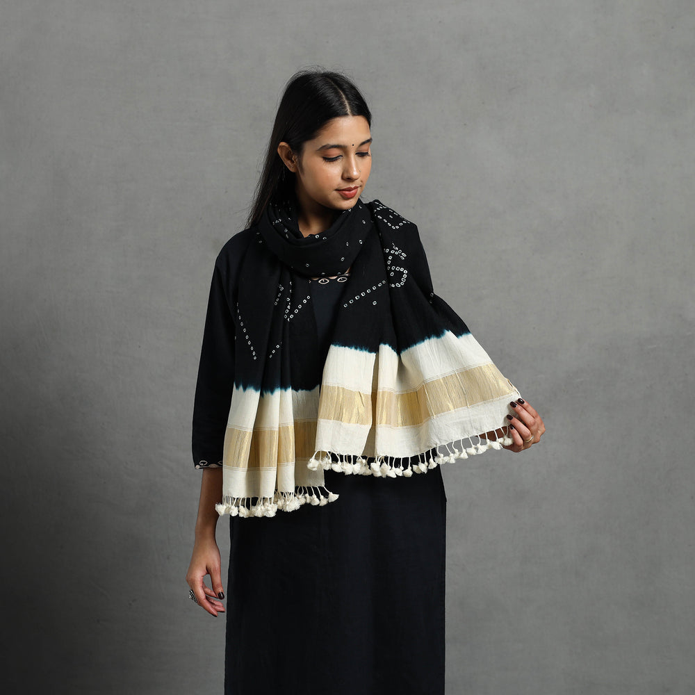 Black - Kutch Handwoven Merino Wool Bandhani Stole with Zari 16