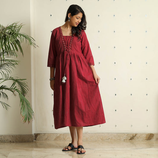Maroon - Jacquard Cotton Flared Gher Dress