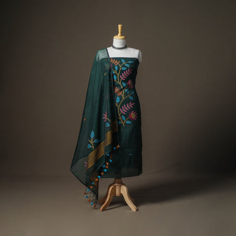 Green - Jamdani Pure Handloom Muslin Unstitched Dress Material: Kurta with Dupatta 12